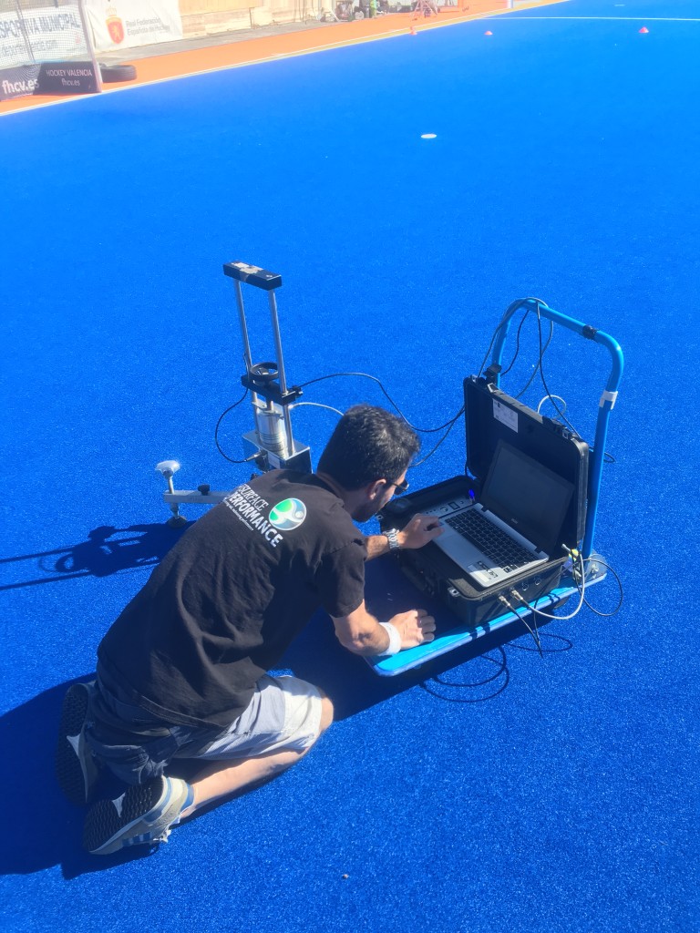 Shock absorption hockey pitch testing at The FIH Round Robin in Valencia